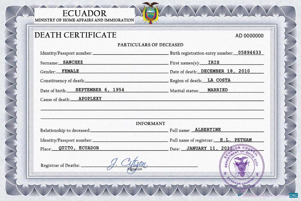 Download Ecuador vital record death certificate PSD template Photoshop template